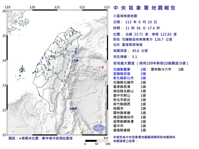 ▲端午節上午11時56分，花蓮縣政府東南東方126.7公里海域發生芮氏規模5.1地震。（圖／中央氣象署提供）