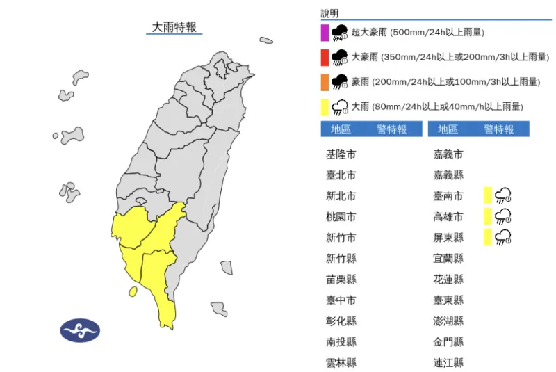 ▲中央氣象署發布「大雨特報」，受到西南風影響，各地易有短延時強降雨。（圖／翻攝中央氣象署官網）
