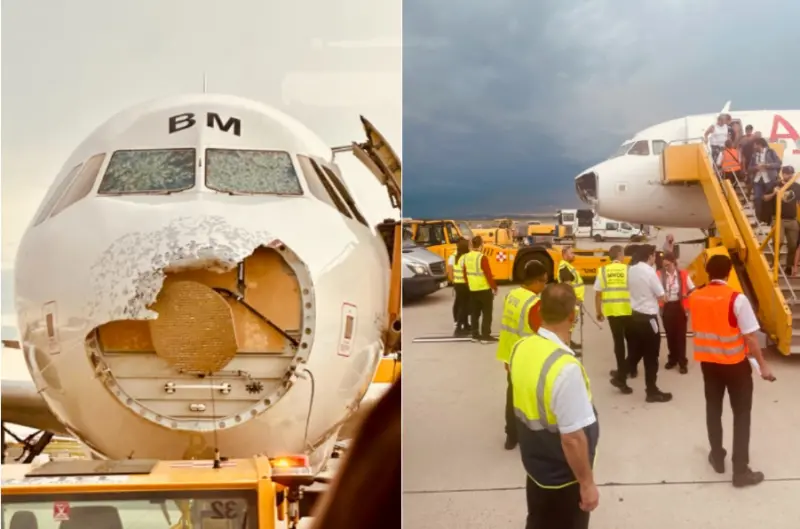 ▲奧地利航空一架A320客機，9日在鄰近維也納上空遭遇冰雹襲擊，機頭被重創，受損嚴重。（圖／翻攝自Ｘ）