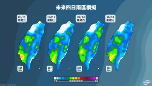 ▲今天開始，西南風會帶來更多水氣，南部要留意全天不定時短暫雷陣雨，中部多雲時晴偶陣雨，北部及東部則有午後雷陣雨。（圖／「台灣颱風論壇｜天氣特急」臉書）