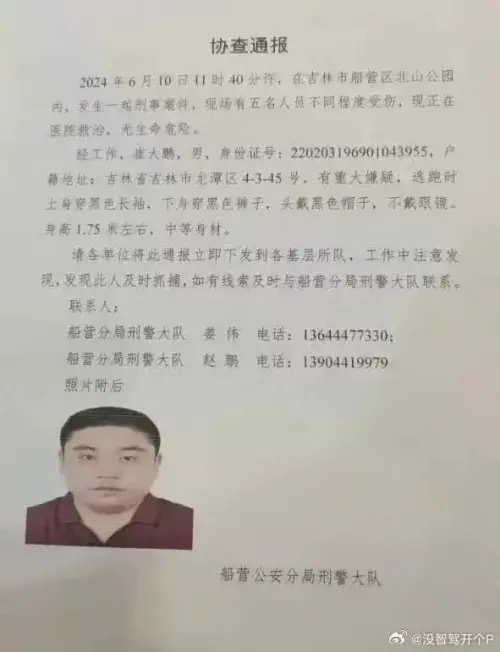 ▲美國4名大學講師在中國吉林北山公園被砍傷,吉林公安公開嫌犯的外貌和身分。(圖/翻攝自微博) ▲美國4名大學講師在中國吉林北山公園被砍傷,吉林公安公開嫌犯的外貌和身分。(圖/翻攝自微博)