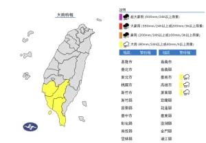 受西南風影響,南部地區有局部大雨發生的機率,氣象署對此發布「大雨特報」。(圖/中央氣象署提供) ▲受西南風影響,南部地區有局部大雨發生的機率,氣象署對此發布「大雨特報」。(圖/中央氣象署提供)