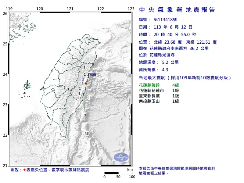 ▲據中央氣象署地震測報中心資料，今（12）日晚上8時40分花蓮縣光復鄉發生芮氏規模4.3地震。（圖／中央氣象署）