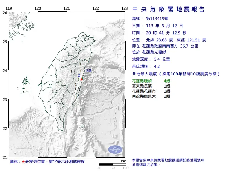 ▲據中央氣象署地震測報中心資料，今（12）日晚上8時41分花蓮縣光復鄉發生芮氏規模4.2地震。（圖／中央氣象署）