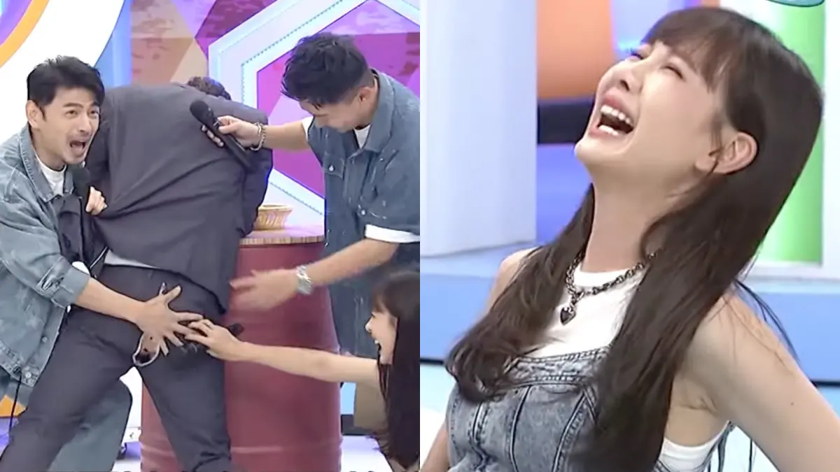 ▲賈斯汀挑戰16蹲結果「褲子從中破裂」內褲全被看光，安心亞目睹一切笑到跌坐在地上。（圖／同學來了Youtube）