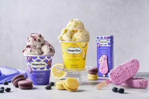 ▲Häagen-Dazs再度攜手世界知名馬卡龍大師Pierre Hermé，推出新作「香草藍莓馬卡龍冰淇淋」（左）。（圖／哈根達斯提供）
