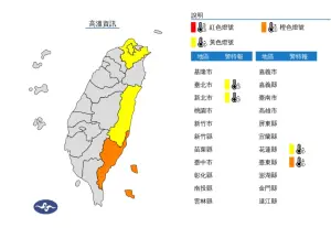 西南風沉降影響,天氣高溫炎熱,臺東縣地區有焚風發生的機率,明日中午前後臺東縣地區為橙色燈號,有38度極端高溫出現的機率。(圖/翻攝自中央氣象署) ▲西南風沉降影響,天氣高溫炎熱,臺東縣地區有焚風發生的機率,明日中午前後臺東縣地區為橙色燈號,有38度極端高溫出現的機率。(圖/翻攝自中央氣象署)