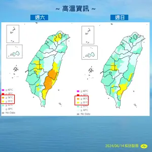 明天各地高溫約32至35度,花東及大台北地區局部有36度高溫。(圖/中央氣象署提供) ▲明天各地高溫約32至35度,花東及大台北地區局部有36度高溫。(圖/中央氣象署提供)