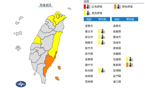 ▲今（15）日中午前後臺東縣為橙色燈號，有38度極端高溫出現的機率。（圖／翻攝自中央氣象署）