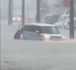 ▲沖繩暴雨導致當地多處積水，甚至還有人需涉水推車。（圖／翻攝自X @kariyushi19）