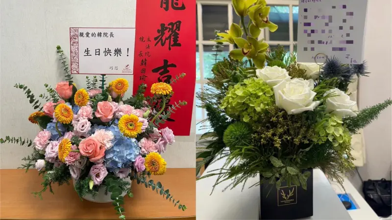 ▲國民黨立委徐巧芯、陳菁徽特地為韓國瑜送上花籃。(圖/徐巧芯、陳菁徽辦公室提供)