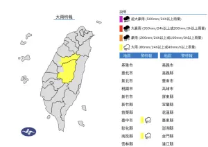 ▲中央氣象署今（17）日發布「大雨特報」，台中及南投山區有局部大雨。（圖／翻攝中央氣象署官網）