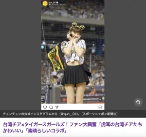 ▲峮峮在活動中配戴了阪神吉祥物的虎耳朵，可愛造型吸引了大批現場球迷的目光，甚至還被日本媒體注意到，照片直接被登在日本Yahoo的熱搜首頁上。（圖／峮峮IG）