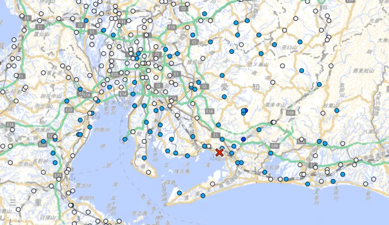 ▲日本愛知縣晚間傳出規模4.5地震,震源深度40公里,其中愛知縣豐川市、新城市震度最大,為3級。(圖/翻攝自日本氣象廳)