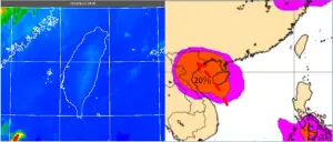 ▲今(22日)晨4時紅外線色調強化雲圖顯示，台灣上空晴朗無雲(左圖)。最新(21日20時)歐洲模式(ECMWF) 50次系集模擬顯示，下週二(25日)20時南海熱帶擾動發展為「熱帶低壓」的機率，已調降為20%(右圖)。