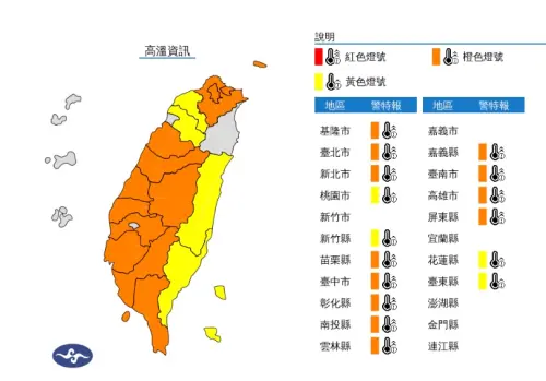 ▲明日白天基隆市、臺北市、新北市、苗栗縣、臺中市、彰化縣、南投縣、雲林縣、嘉義縣、臺南市、高雄市、屏東縣，有連續出現攝氏36度高溫的機率。（圖／翻攝自中央氣象署）