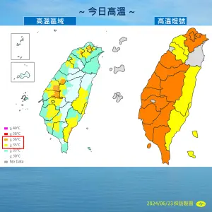 大台北及苗栗以南地區均為橙色高溫燈號警戒,近中午時刻,紫外線偏強,可能來到過量甚至危險等級。(圖/中央氣象署提供) ▲大台北及苗栗以南地區均為橙色高溫燈號警戒,近中午時刻,紫外線偏強,可能來到過量甚至危險等級。(圖/中央氣象署提供)