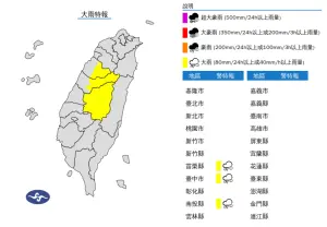 ▲中央氣象署針對3縣市發布大雨特報。(圖/中央氣象署) ▲中央氣象署針對3縣市發布大雨特報。(圖/中央氣象署)