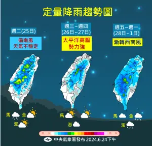 ▲週二午後雷雨同樣明顯，週三、週四水氣減少，週末雨區又會擴大。（圖／中央氣象署提供）