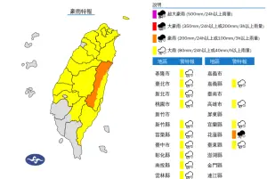 ▲豪雨夜襲花蓮山區！24日晚間台北等14縣市續發「大雨特報」。（圖／中央氣象署）