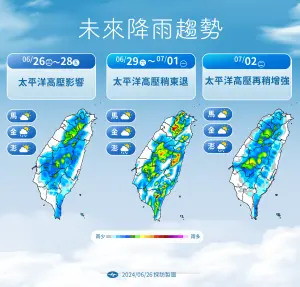 ▲未來幾天太平洋高壓籠罩台灣，午後雷雨雖然還是會發生，但雨區明顯縮小。（圖／中央氣象署提供）