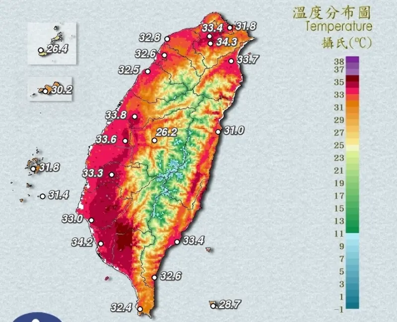 ▲今（26）日各地高溫普遍達攝氏35至36度，高雄旗津一早更觀測到攝氏39.8度的極端高溫，全台一片紅，中午氣溫還會攀升。（圖／翻攝中央氣象署官網）