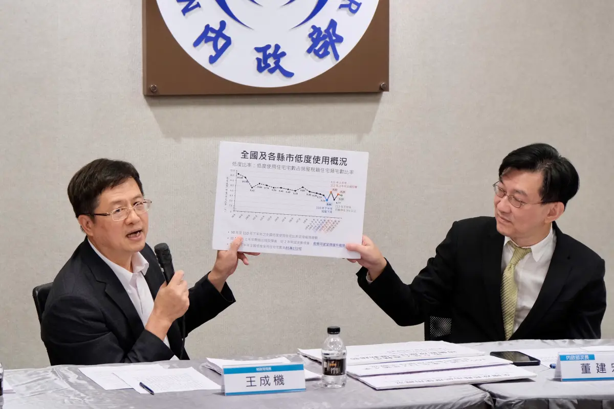 ▲內政部今公布「112年下半年低度使用(用電)住宅及待售新成屋統計」，左起為地政司司長王成機、內政部次長董建宏。（圖／內政部提供）