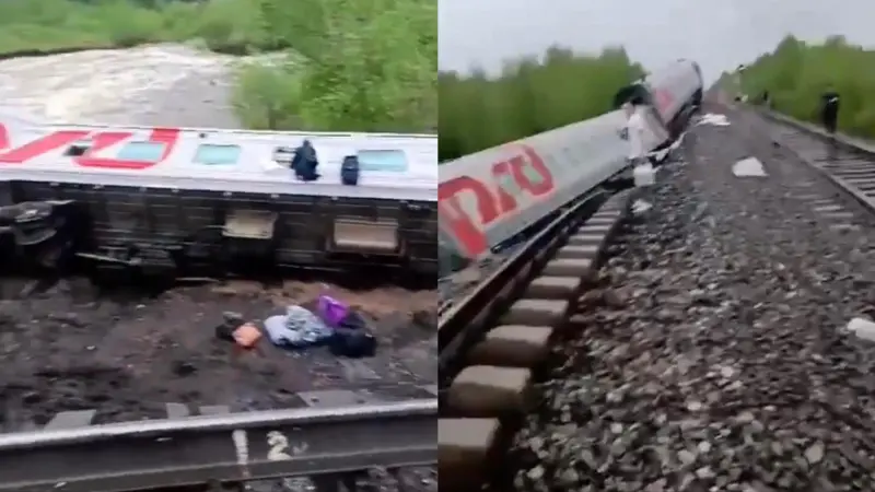 ▲俄羅斯一輛火車26日發生脫軌翻覆意外，造成2死70多傷。（圖／翻攝自X）