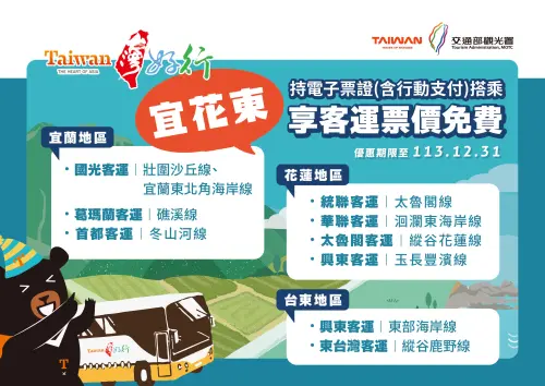 台灣好行,觀光署,宜蘭,花蓮,台東 ▲觀光署除了花東地區外,也加碼宜蘭可持電子票券搭台灣好行免費。(圖/觀光署提供)