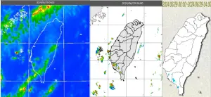 ▲今（29日）晨4時紅外線色調強化雲圖顯示，台灣大致晴朗（左圖）。4時雷達回波合成圖顯示，西南部有零星回波移入（中圖）。4時累積雨量圖顯示，西南部有局部降雨（右圖）。（圖／取自「三立準氣象.老大洩天機」）