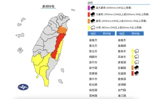 大豪雨特報／花蓮雨勢升級！5縣市警戒　秀林鄉時雨量達83.5毫米
