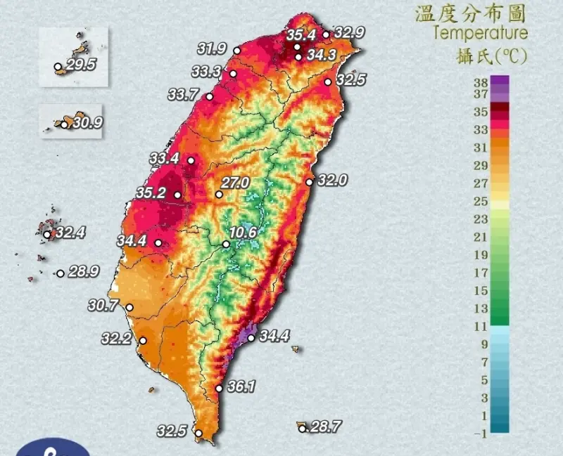 ▲高溫持續延燒！6月最後一天台灣仍舊被烤成「紅番薯」，各縣市高溫都接近攝氏36度。（圖／翻攝中央氣象署官網）