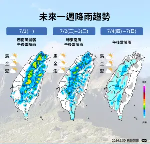 未來一週雨勢主要還是午後雷陣雨為主,週二、週三稍微趨緩。(圖/中央氣象署提供) ▲未來一週雨勢主要還是午後雷陣雨為主,週二、週三稍微趨緩。(圖/中央氣象署提供)