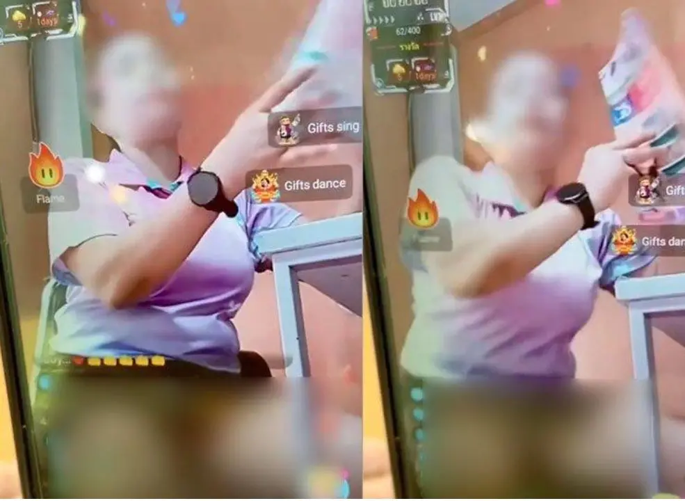 ▲泰國一名小學女老師身穿短裙，在課堂上打開社群軟體直播，並打開雙腿求抖內，泰國教育委員會宣布永遠禁教。（圖／翻攝畫面）