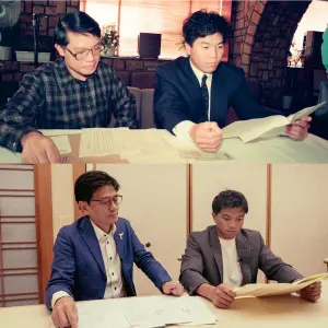▲台鋼領隊劉東洋（左）見證吳念庭完成簽約（下圖），完全復刻34年前吳復連的簽約照片（上圖）。（取自台鋼雄鷹臉書）