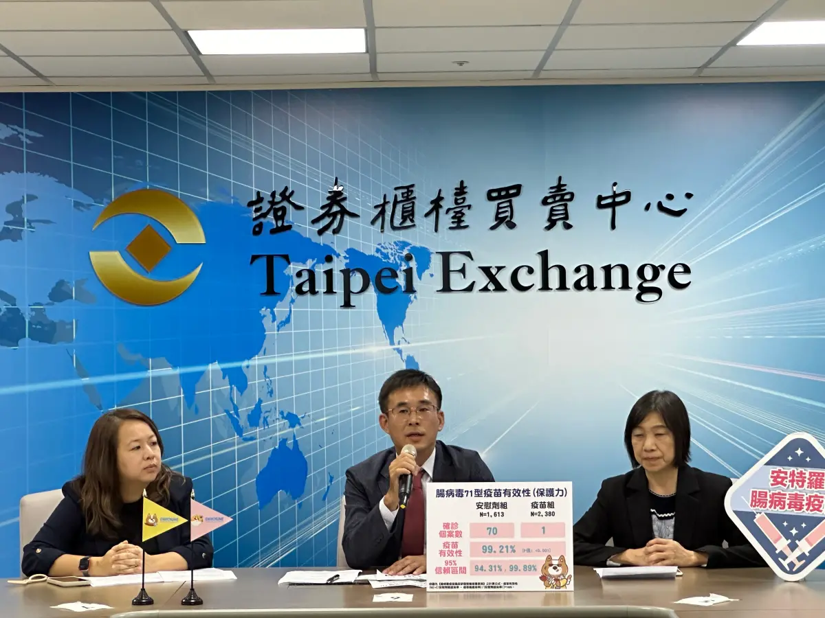 ▲安特羅生技今（2）日宣布，安特羅腸病毒71型疫苗(EnVAX-A71)第三期臨床試驗療效解盲順利達標。左為安特羅發言人李家卉，中為安特羅總經理張哲瑋， 右為安特羅研發處處長楊青芬。（圖／安特羅提供）