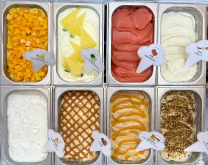 ▲PASTAIO內湖店一次推出包含小玉西瓜、草莓、楊枝甘露、蜂蜜檸檬、柑橘伯爵茶、開心果、太妃糖、香草等八種口味的義式冰淇淋gelato。（圖／PASTAIO提供）
