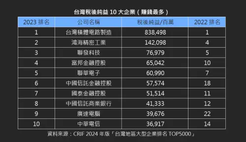 ▲台灣賺錢最多的10大企業。（圖／中華徵信所提供）