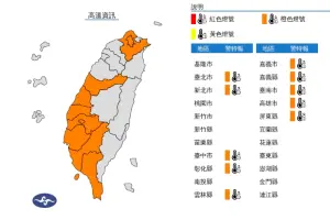 ▲今（4）日針對10縣市發布高溫資訊，今天台北市、新北市、台中市、彰化縣、雲林縣、嘉義市、嘉義縣、台南市、高雄市、屏東縣為橙色燈號。（圖／翻攝自中央氣象署）