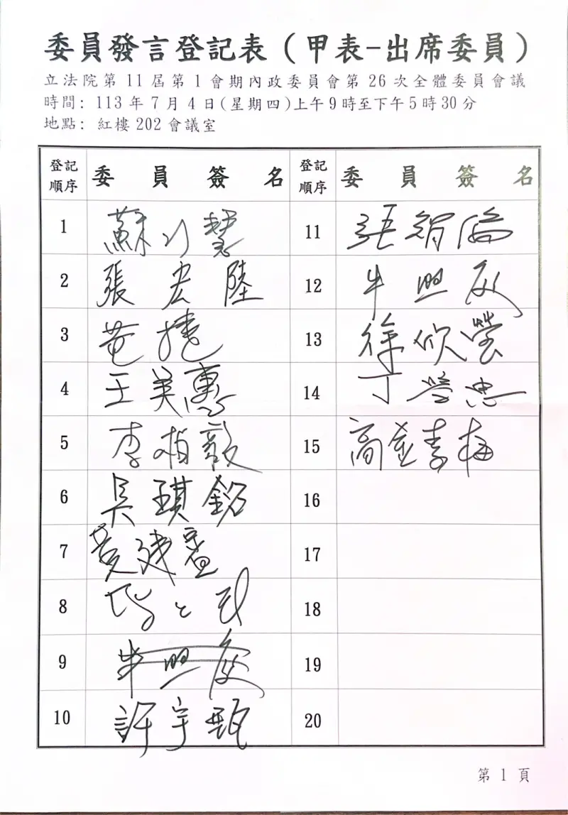 ▲民眾黨立院黨團出示內政委員會簽到簿資訊，強調麥玉珍未缺席。（圖／民眾黨提供）