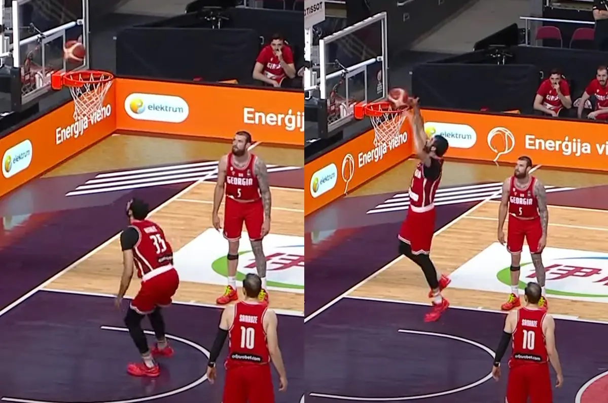 ▲喬治亞球員Goga Bitadze嘗試將球灌進自己的籃框，以嘗試在延長賽中以更大分差贏球。他最終失手，不過就算這一球打進，也很可能被吹不算。（圖／翻攝自YouTube）