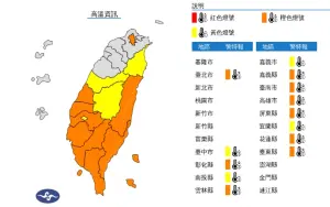 並且今(6)日氣象署也發布高溫特報,提醒臺北市、彰化縣、雲林縣、嘉義縣、臺南市、高雄市、屏東縣、花蓮縣、臺東縣為橙色燈號,有連續出現36度高溫的機率 ▲並且今(6)日氣象署也發布高溫特報,提醒臺北市、彰化縣、雲林縣、嘉義縣、臺南市、高雄市、屏東縣、花蓮縣、臺東縣為橙色燈號,有連續出現36度高溫的機率