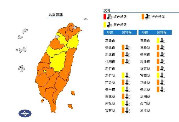 ▲中央氣象署發布高溫示警，全台17縣市拉高溫燈號。（圖／翻攝自中央氣象署）