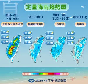 ▲7/7起至7/13未來一週定量降雨趨勢。（圖／中央氣象署提供）