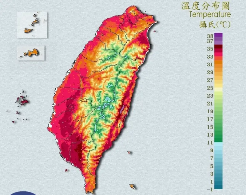 ▲熱到快發瘋！全台高溫狂飆，今（7）日溫度分布圖又是一片紅通通的景象。（圖／翻攝中央氣象署官網）