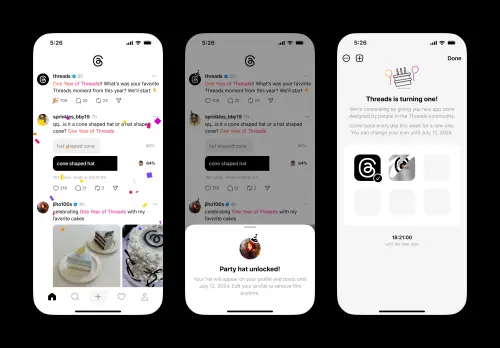 ▲慶祝 Threads 一周年，官方推出限定彩蛋三連發，標註生日限定主題即可解鎖派對帽、觸發歡慶彩帶特效。（圖／官方提供）