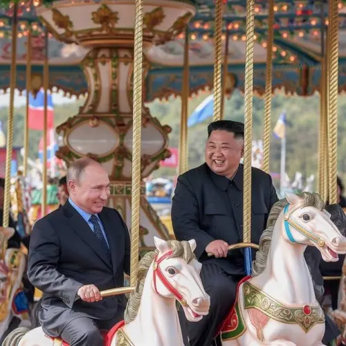 ▲蒲亭與金正恩的AI合成照片中有兩人愉快的騎旋轉木馬等照片。（圖／翻攝自X@BergamoPosteo）