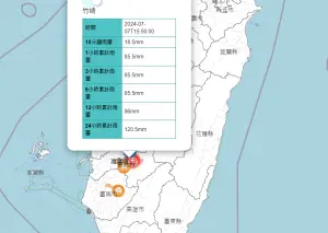 ▲嘉義竹崎鄉時雨量一度飆破85.5毫米。（圖／水利署）