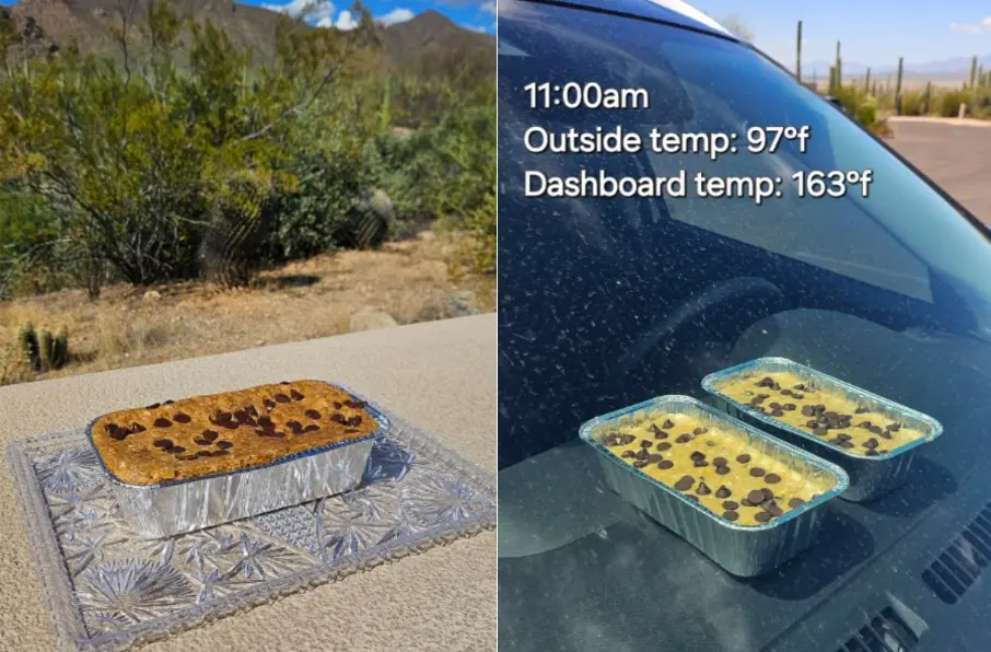▲美國「仙人掌國家公園」（Saguaro National Park）護林員將2個生香蕉麵包麵團放到汽車儀表板上，成功烤出金黃麵包。（圖／擷取自Saguaro National Park臉書）