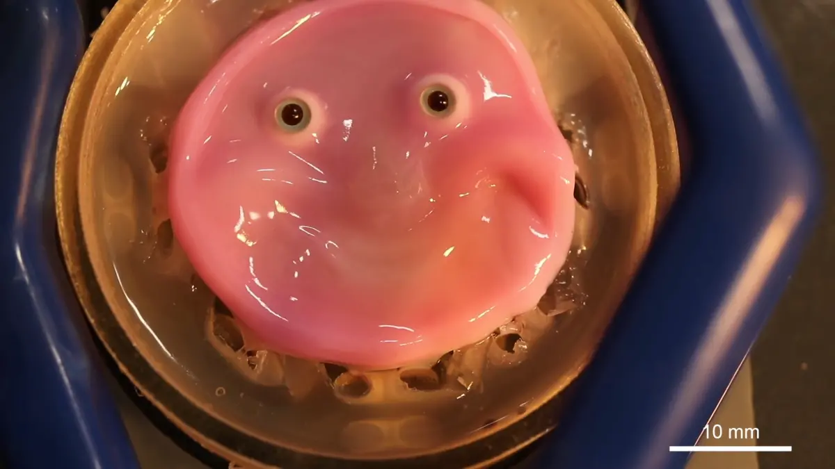 ▲日本東京大學研究人員取得了突破性進展，展示了一個覆蓋著實驗室培育皮膚的機器人，可以模仿人類的表情包括微笑。（圖／擷取自YouTube）